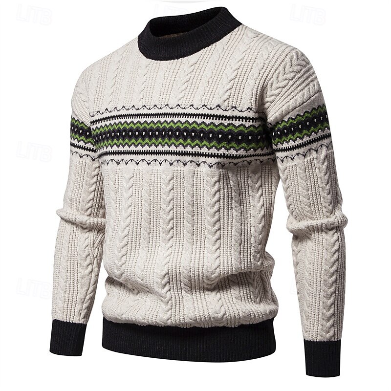 Men's Pullover Sweater Jumper Knit Sweater Fair Isle Pullover Sweater Ribbed Cable Knit Regular Knitted Color Block Crew Neck Fashion Basic Daily Wear Date Clothing Apparel Fall & Winter Black White 2025 - $42.99 –P8