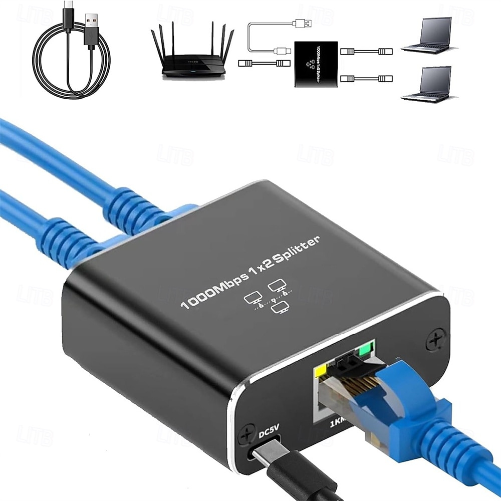 Gigabit Ethernet Splitter 1 to 2 High Speed 1000Mbps Internet Splitter 1 in 2 out LAN Splitter with USB Power Cable RJ45 Splitter for Cat5/5e/6/7/8 Cable 2025 - $27.99 –P1