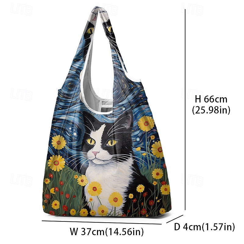 konstnärlig kattväska för kvinnor med blommig och stjärnklar nattdesign - miljövänlig återanvändbar shoppingväska för kattälskare 2025 - $14.99 –P7