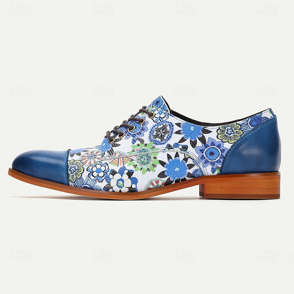 oxfordskor i kohud med blommigt tryck för män – blå och vita skor i vintagestil för bröllop och högtidliga tillfällen 2025 - $99.99 –P4