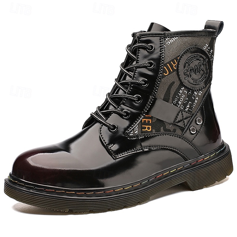 Botas de combate de piel sintética patentada para hombre: diseño con cordones de estilo militar con detalles de camuflaje, suela resistente para uso al aire libre y casual 2025 - $69.99 –P2