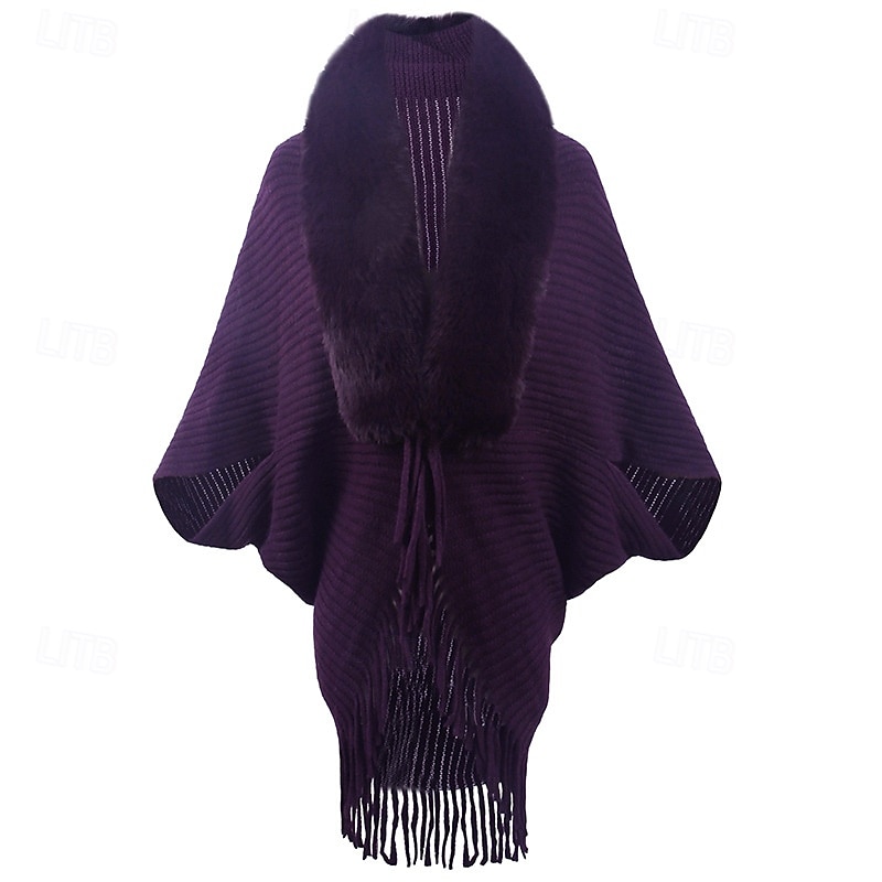 scialle largo, scialle largo spesso da donna lavorato a maglia, scialle invernale con collo in pelliccia e frange del 2025 a $37.99 –P5