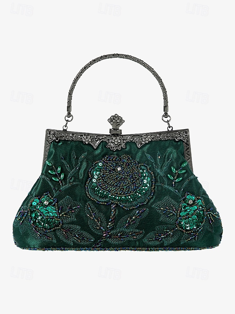 Women's Vintage Green Velvet Handbag with Beaded Floral Embroidery and Metal Frame – Elegant Evening Bag 2025 - $59.99 –P1