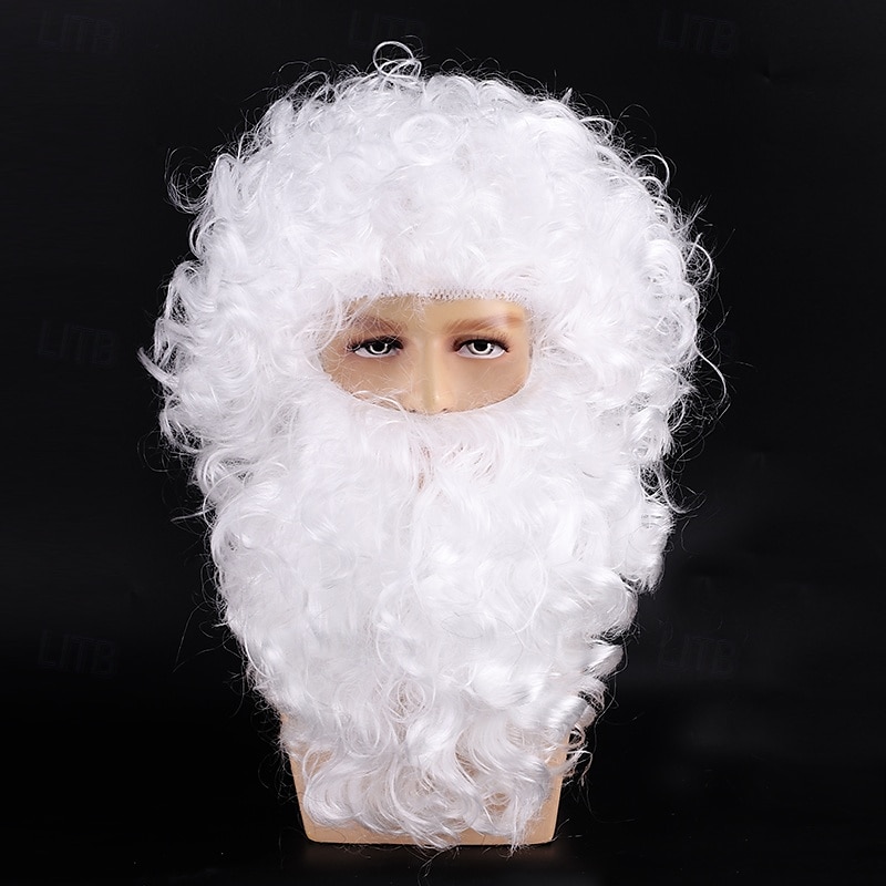 Weihnachtsmann-Bart- und Perückenset, weißer Bart und Perücke, lockige Weihnachtskostüm-Perücke für Männer 2025 - $16.99 –P5