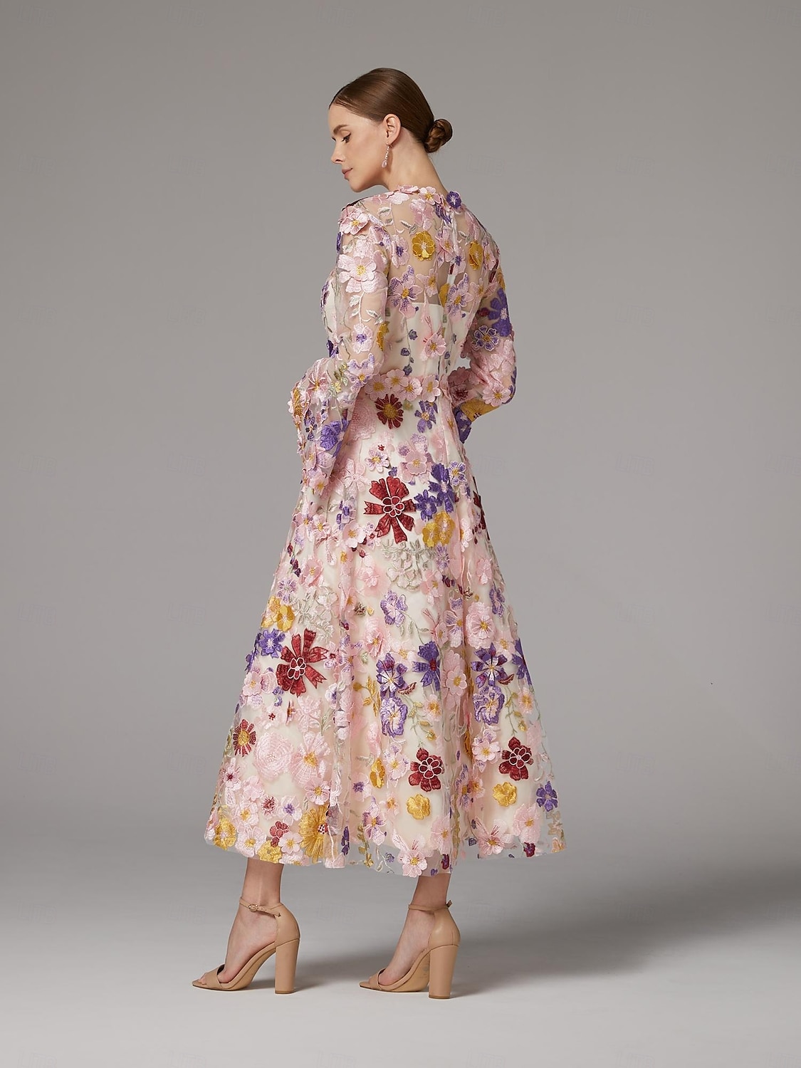 A-Line Dress Beach Wedding Mother of the Bride Dress Elegant High Neck Ankle Length Tulle Long Sleeve Floor Length with Embroidery Flower 2025 - $210.99 –P4