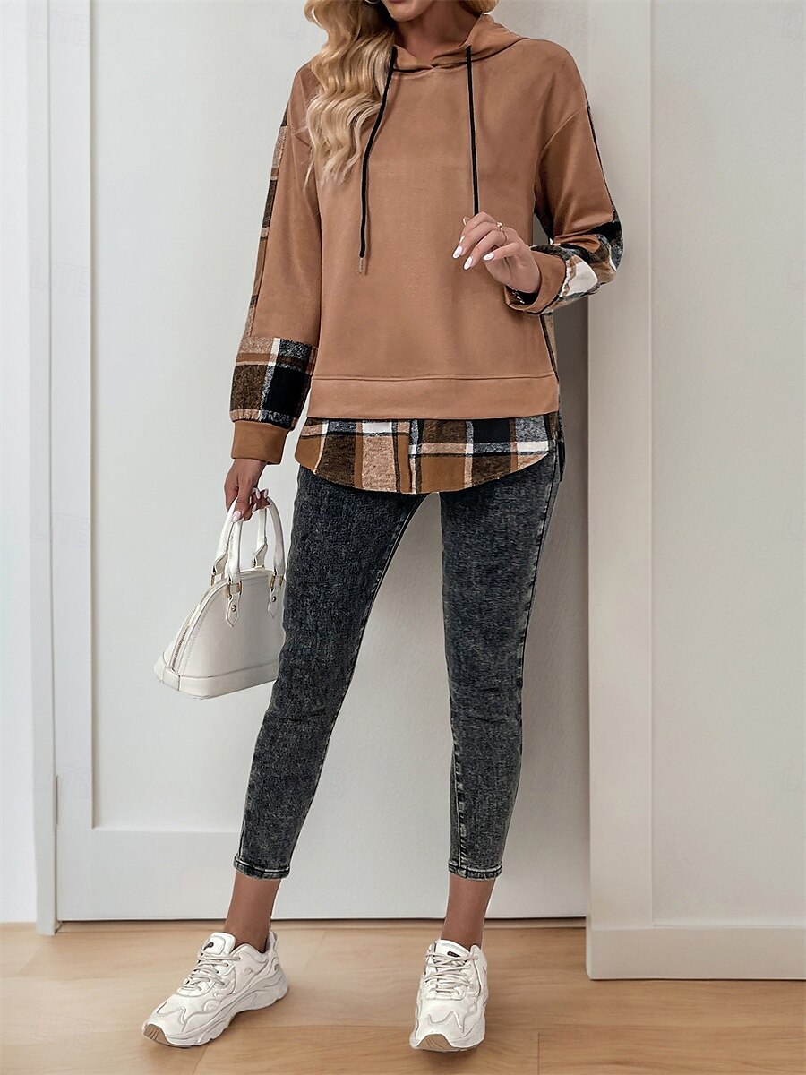 moletom feminino com capuz casual xadrez rua diário moletom com capuz patchwork estampa manga comprida marrom outono inverno de 2025 por $49.99 –P5