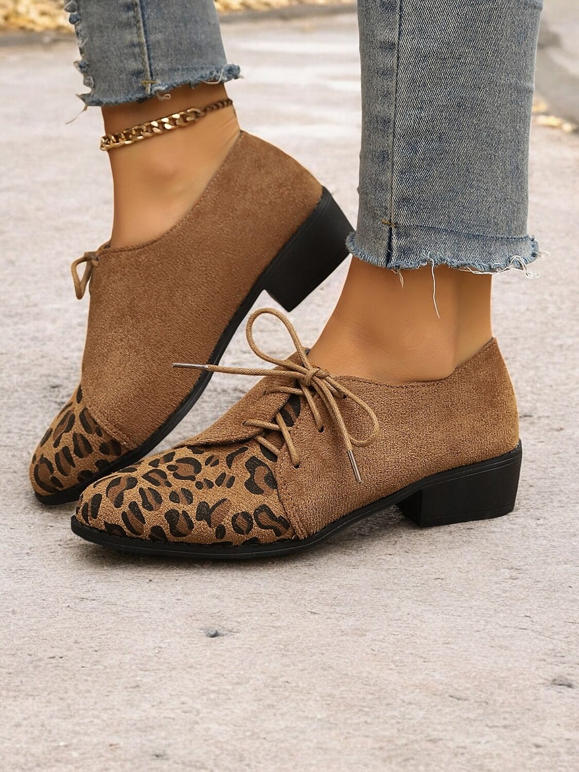 hnědé oxfordské boty z umělého semiše s leopardím vzorem - stylové šněrovací kalhoty pro ženy, ideální pro ležérní a vintage vzhled 2025 - $32.99 –P2