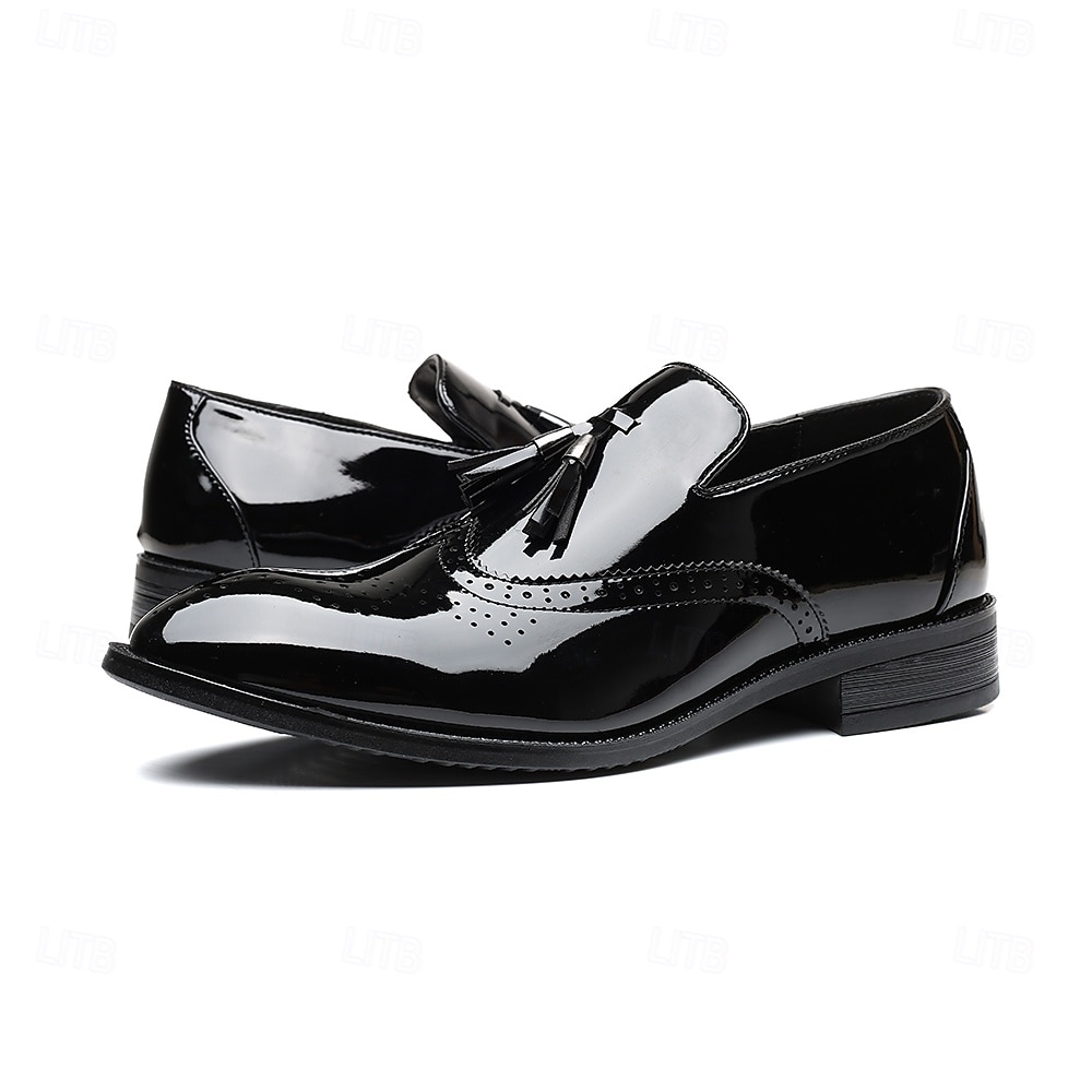 pánské černé lakované střapcové mokasíny – elegantní společenské boty s brogue detaily 2025 - $34.99 –P1