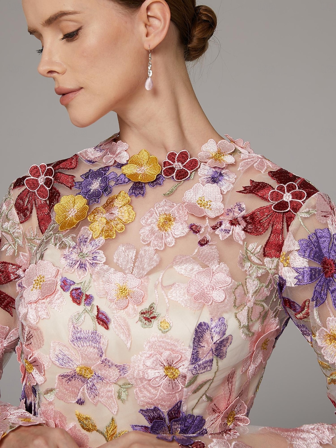 A-Line Dress Beach Wedding Mother of the Bride Dress Elegant High Neck Ankle Length Tulle Long Sleeve Floor Length with Embroidery Flower 2025 - $210.99 –P2