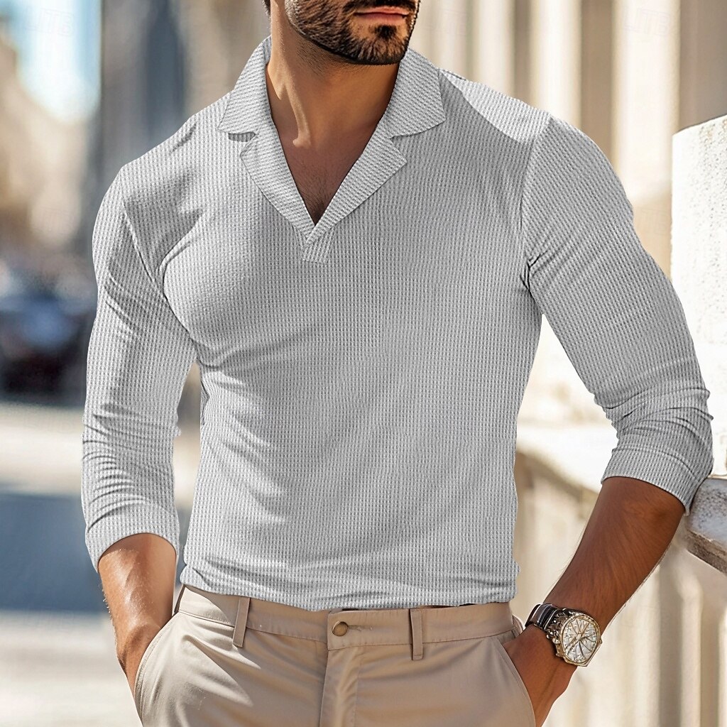 Homme Polos gaufrés Polos Plein Air Entreprise Collier cubain manche longue Mode basique Couleur unie Col en V Automne Hiver Toutes Saisons Standard Noir Blanche Bleu Kaki Grise Polos gaufrés de 2025 ? $22.99 –P5