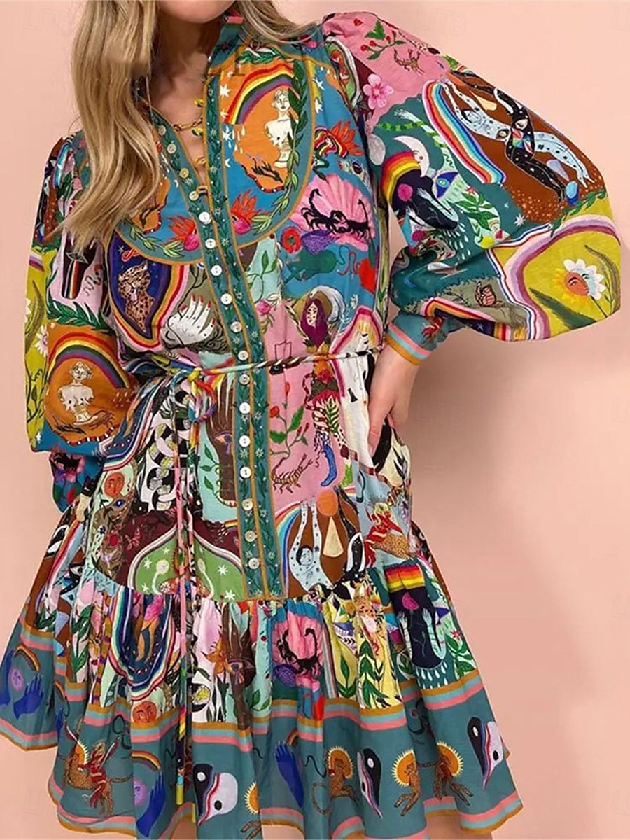 Femme Mini robe Robe casual robe boheme Bohême Rétro Vintage Ethnique du quotidien Standard Floral manche longue Col de Chemise Arc-en-ciel Eté Printemps Automne de 2025 ? $41.99 –P1