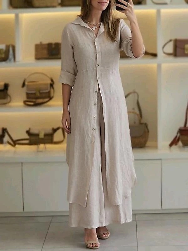 Damen Mode Streetwear Täglich Hemd Leinen-inspirierte Sets Zweiteilige Sets Rock Langarm Hemdkragen Einfach Patchwork Lässig Täglich Rote Himmelblau Khaki Herbst Normale Passform 2025 - $35.99 –P2