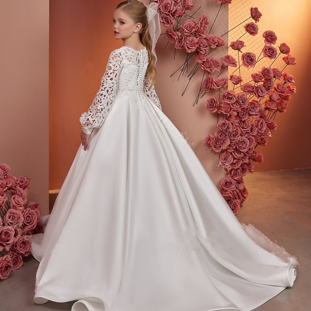 kinderkleidung Mädchen Blumenmädchen Kleid Kleid für die Erstkommunion Feste Farbe Ärmellos Langarm Leistung Hochzeit Party Gitter Prinzessin Süß Gitter Mitte der Wade Etuikleid Tüll-Kleid Sommer 2025 - $104.99 –P2