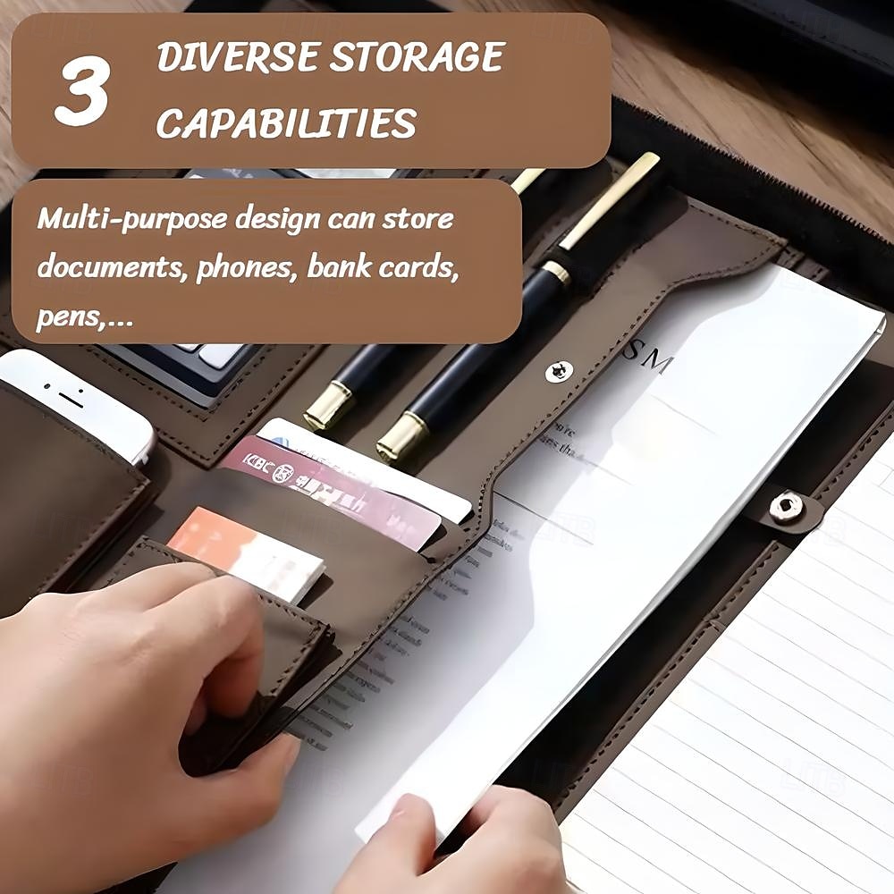 bolsa de negócios de couro vegano portfólio de negócios com zíper padfolio tudo em um. capa protetora para tablet mais inteligente, slot para apresentação, calculadora, armazenamento de cartão, bloco de 2025 por $37.99 –P4