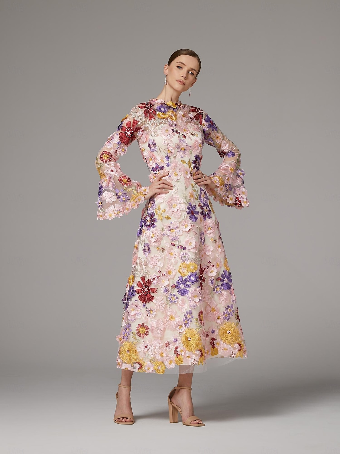 A-Line Dress Beach Wedding Mother of the Bride Dress Elegant High Neck Ankle Length Tulle Long Sleeve Floor Length with Embroidery Flower 2025 - $210.99 –P6