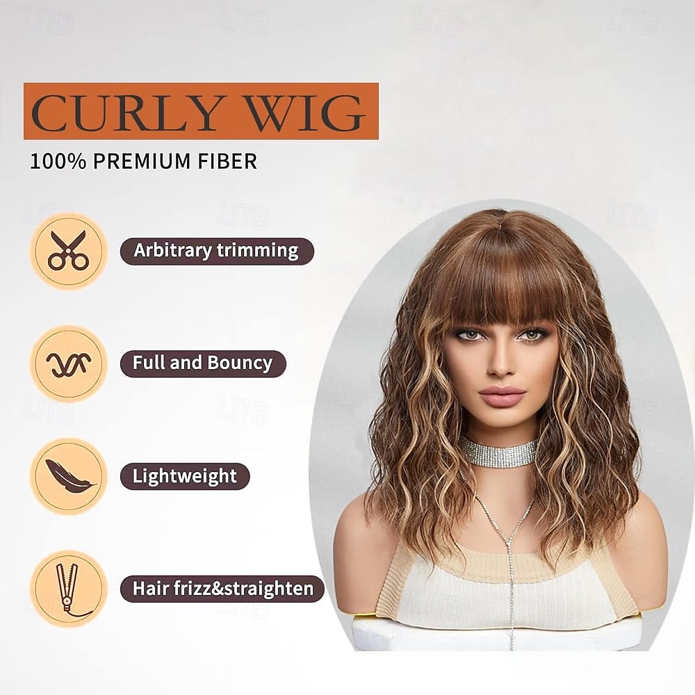 Short Wig Shoulder Length Bob Curly Wavy Wig With Bangs for Women Charming Heat-resistant Synthetic Hair Wigs for Date Daily Use 2025 - $19.49 –P7
