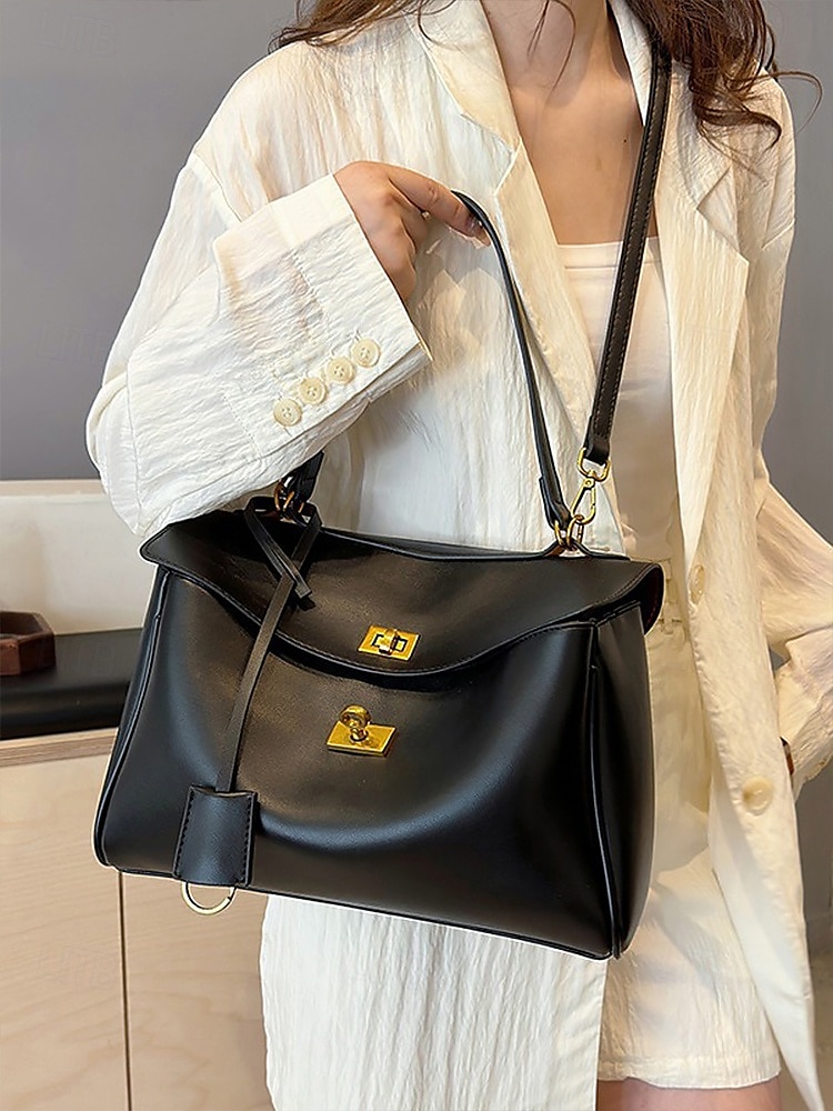 Elegante bolso de mano de piel sintética beige con herrajes en tono dorado: bolso clásico para mujer con asa superior y cierre giratorio seguro 2025 - $29.99 –P1
