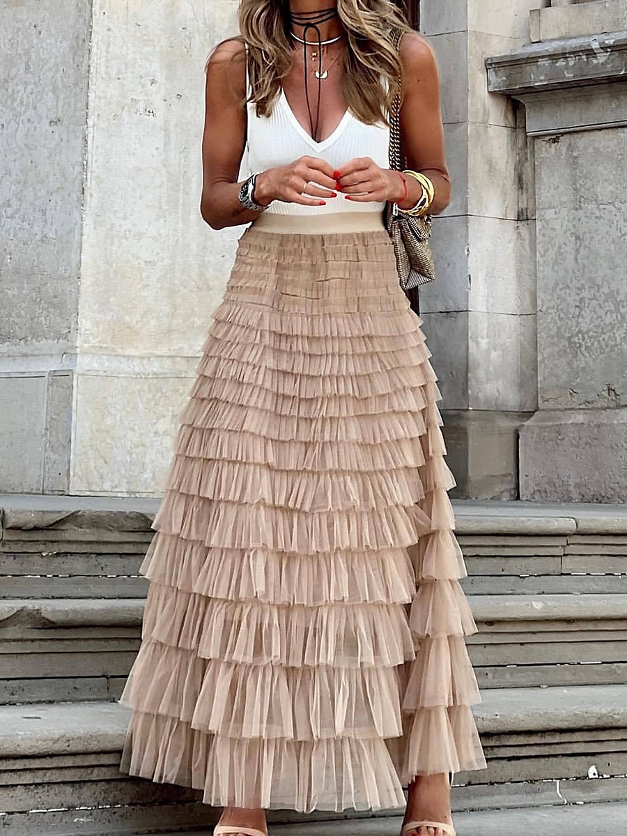 dam lång kjol maxi kjolar lapptäcke enfärgad semesterfest vår, höst, vinter, sommar elegant mode svart rosa khaki 2025 - $25.99 –P1