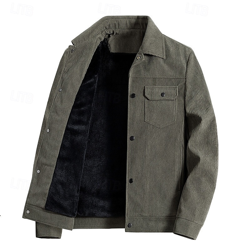 Herr Manchesterjacka Fleece-jacka Cargojacka Vardaglig jacka Dagligen Semester Slitsäker Ficka Vår & Höst Slät Mode Klassisk Kavajslag Normal Svart Kaki Armégrön Jacka 2025 - $55.99 –P5