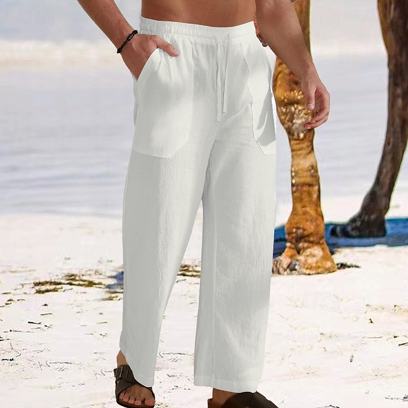Men's Linen Pants Trousers Summer Pants Baggy Pants Beach Pants Drawstring Elastic Waist Straight Leg Plain Comfort Breathable Full Length Outdoor Daily Holiday Vacation Fashion Black White 2025 - $23.99 –P4