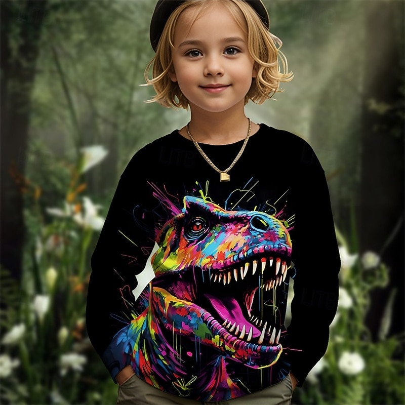 Tyttöjen 3D Kuvitettu Eläin Dinosaurus T-paita Pitkähihainen Kevät Syksy Muoti Perus Lapset 4-12 vuotta Tiukka pyöreä kaula-aukko ulko- Kausaliteetti Päivittäin Normaali 2025 - $13.99 –P1