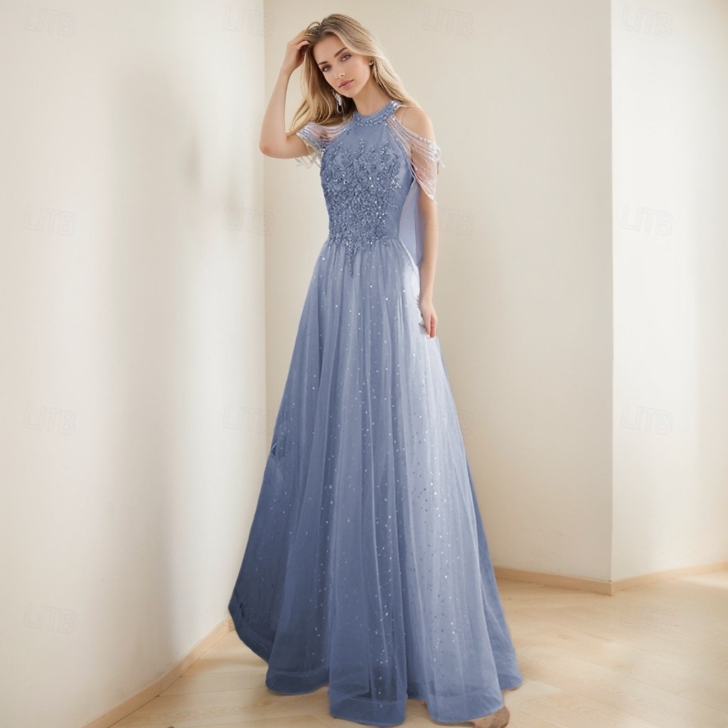 Vestidos de Formatura A-Line Vestido Vintage Formal Formatura Comprimento de Chão Sem Mangas Gola Alta Tule com Glitter e Franjas de 2025 por $79.99 –P5