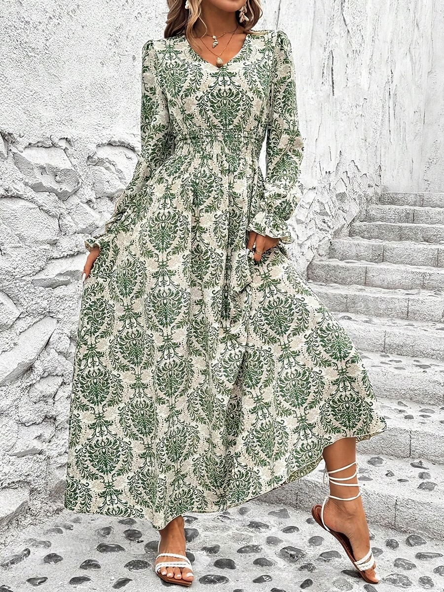 Damen Maxidress Casual kleid Schaukelkleid A Linie Kleid Boho-Kleid Brautkleider schlicht Täglich Regular Fit Blumen Langarm V Ausschnitt Schwarz Weiß Grün Sommer Frühling Herbst 2025 - $33.99 –P1
