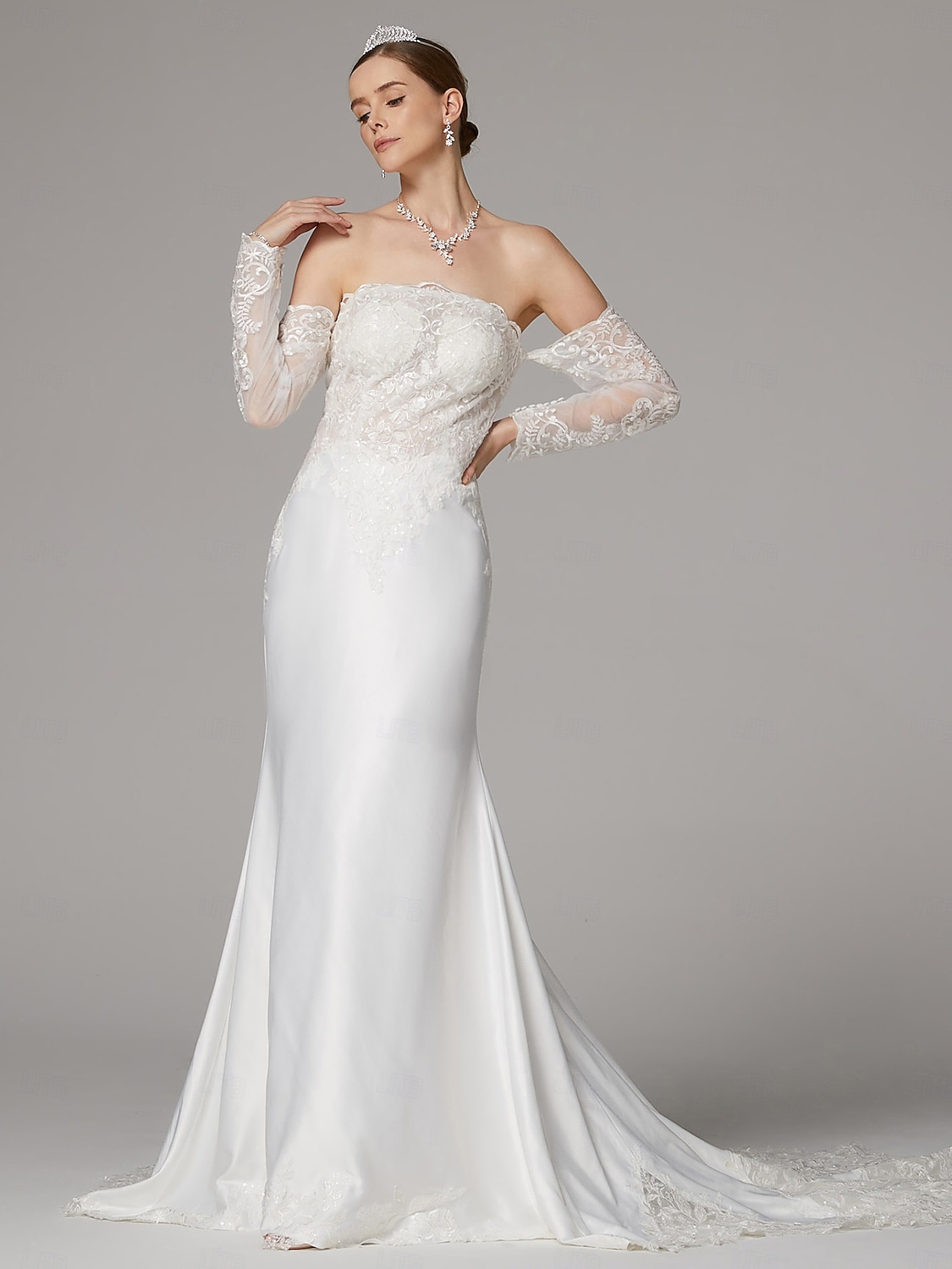 abiti da sposa sirena / tromba abiti separati abiti separati lunghezza pavimento strascico corte abiti da sposa in raso con applicazioni ricamate 2025 del 2025 a $221.99 –P5