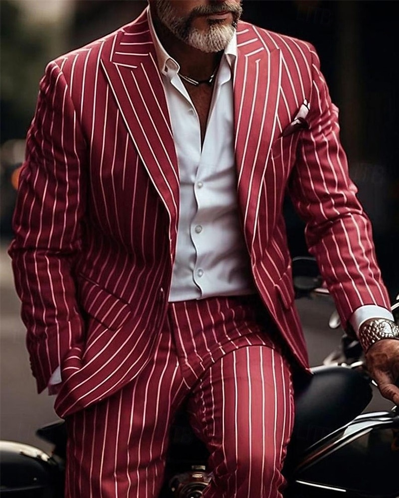 Herre drakter Blazer Virksomhet Cocktailfest Bryllupsfest Mote Fritid Vår & Vinter Polyester Stribe Knapper Lomme Bekvem Enkeltkneppet Blazer Rød Blå Grønn 2025 - $88.99 –P1