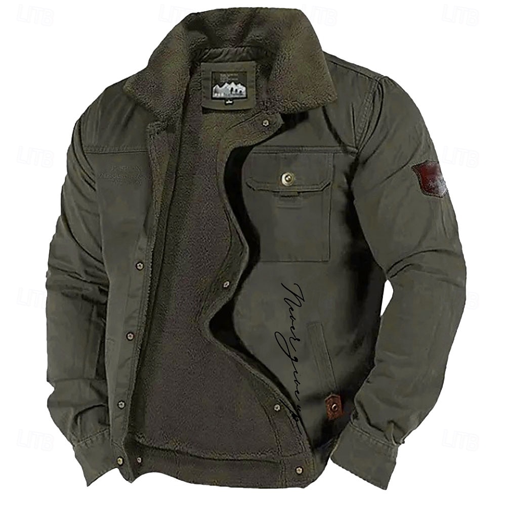 menns brevtrykt brodert fleecejakke sherpa trucker jakke arbeid cargo jakke turn-down krage varm vinter bomullsjakke vintage casual gå ut jakke multilommer 2025 - $52.99 –P1
