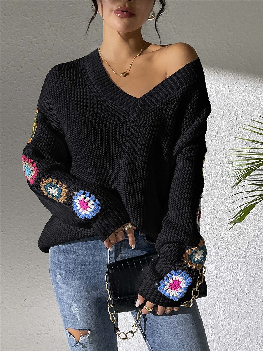 Per donna Felpa Informale Morbido Floreale Uncinetto A V Lavorato a maglia Manica lunga Top regolari Maglia Esterno Giornaliero Fine settimana Nero Bianco Autunno Inverno del 2025 a $31.99 –P14