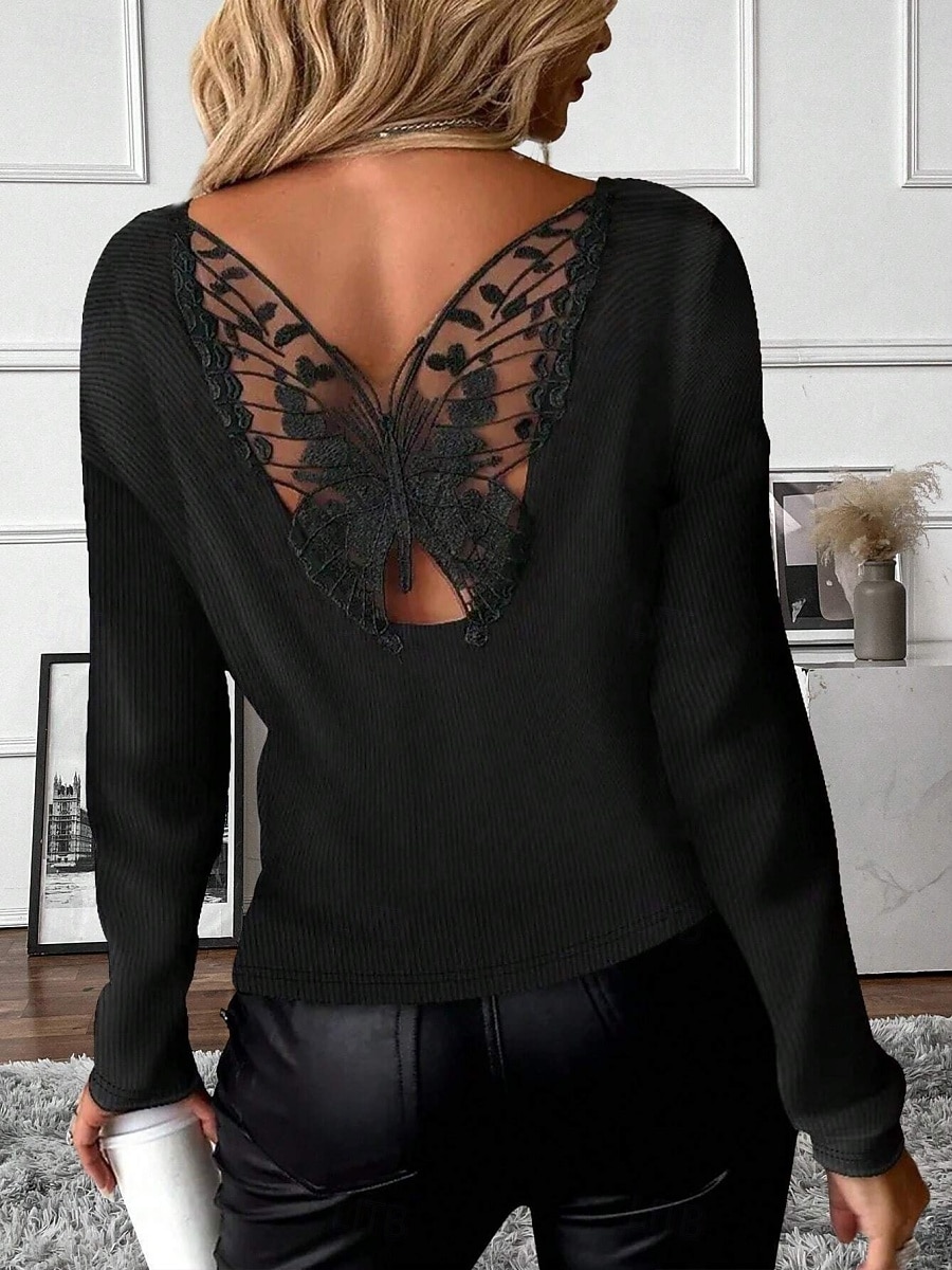 Elegantní krajkové topy pro ženy s očkovacími detaily sexy blůza neformální jednobarevné běžné topy dlouhý rukáv kulatý výstřih krajkový patchwork regular fit každodenní černé romantické drobné topy 2026 - $31.99 –P1