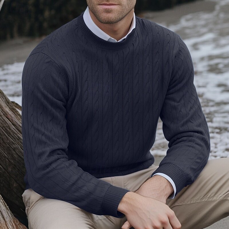 Men's Sweater Pullover Sweater Jumper Cable Knit Sweater Cable Knit Regular Classic Style Knitted Solid Color Round Neck Modern Contemporary Work Daily Wear Clothing Apparel Fall Winter Black White S 2026 - $26.99 –P3