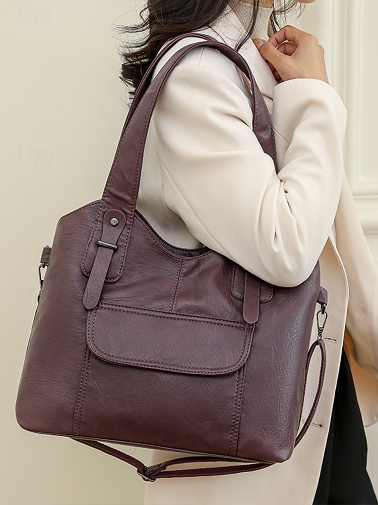 vintage brun konstläderväska för kvinnor med dubbla handtag och justerbar crossbody-rem – rymlig och elegant för dagligt bruk 2025 - $29.99 –P7