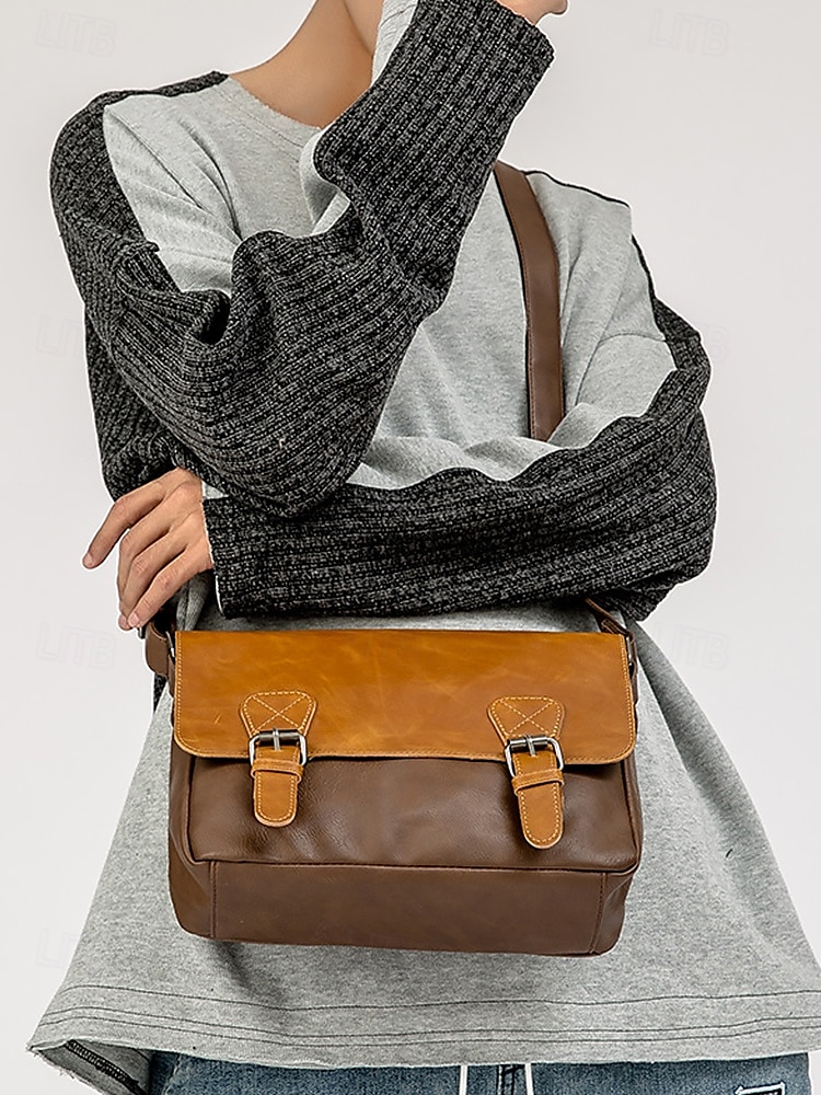 Bolso de mensajero vintage de piel sintética para hombre con correa ajustable: diseño duradero de dos tonos para uso laboral y casual 2025 - $29.99 –P1