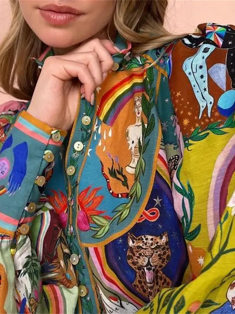 Femme Mini robe Robe casual robe boheme Bohême Rétro Vintage Ethnique du quotidien Standard Floral manche longue Col de Chemise Arc-en-ciel Eté Printemps Automne de 2025 ? $41.99 –P5