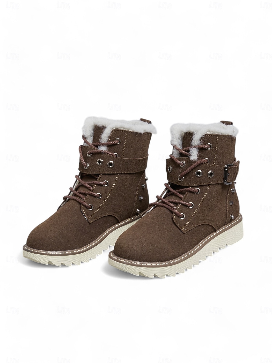 Botas de nieve de invierno para mujer de color marrón con forro de piel sintética: botas cálidas y aislantes para exteriores con detalle de hebilla y suela antideslizante para clima frío 2025 - $46.99 –P6