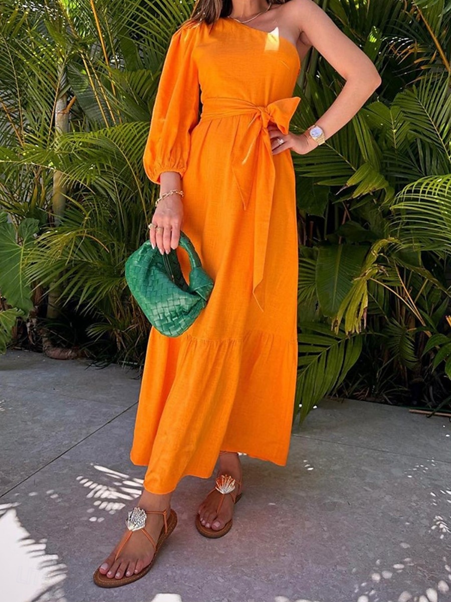 Robe casual Robe unie Femme Robe Maxi A Volants Poche Sport & Loisir Plein Air Décontractées Une Epaule Manches 3/4 Standard Jaune Fuchsia Orange S M L XL de 2025 ? $41.99 –P1
