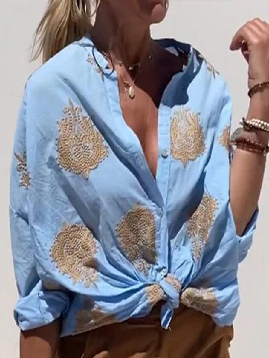 Women's Shirt Long Sleeve Shirt Collar White Sky Blue Green Spring &  Fall 2025 - $29.99 –P6