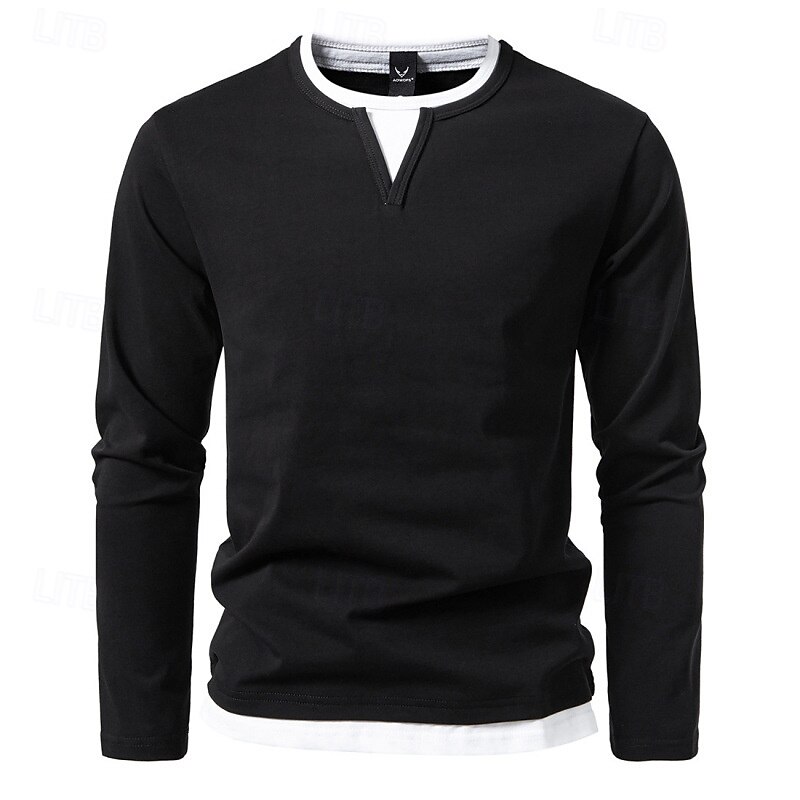 Herren T Shirt T-Shirt Langarmshirt Langarm Rundhalsausschnitt Frühling & Herbst Einfach Mode Designer Basic Falscher Zweiteiler Urlaub Straße Ausgehen Dunkelgrau Schwarz Hellgrün Top T-Shirt für 2025 - $32.99 –P2