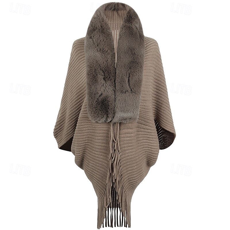 scialle largo, scialle largo spesso da donna lavorato a maglia, scialle invernale con collo in pelliccia e frange del 2025 a $37.99 –P4