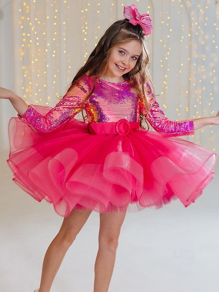 kinderkleidung Mädchen Party Kleid Feste Farbe Langarm Leistung Gitter Prinzessin Süß Gitter Mitte der Wade Etuikleid Tüll-Kleid Sommer Frühling Herbst Kinder Rosenrot 2025 - $80.99 –P6