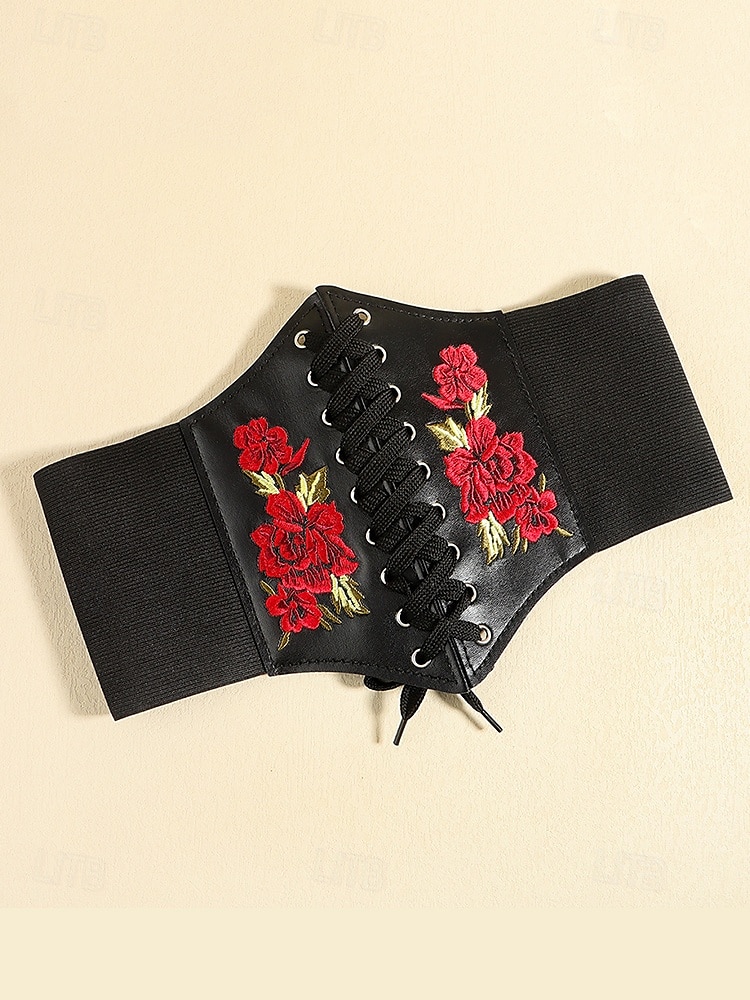 cinto de espartilho preto com cadarço feminino e bordado floral vermelho – modelador de cintura estiloso para vestidos e blazers de 2025 por $9.99 –P8