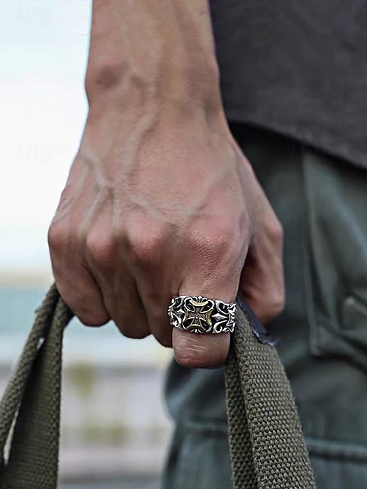 Men's Gothic Silver Ring with Cross Detail – Vintage Style Adjustable Band, Intricate Skull and Cross Design for Punk Rock Fashion 2025 - $9.99 –P2