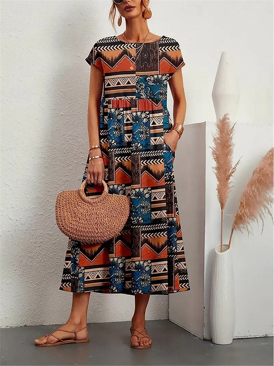 Dam Maxiklänning Vardagsklänning Swingklänning Boho-klänning Vintage Ledigt Dagligen Normal Blommig Färgblock Kortärmad Rund hals Gul Rubinrött Blå Sommar Vår Höst 2025 - $35.99 –P1