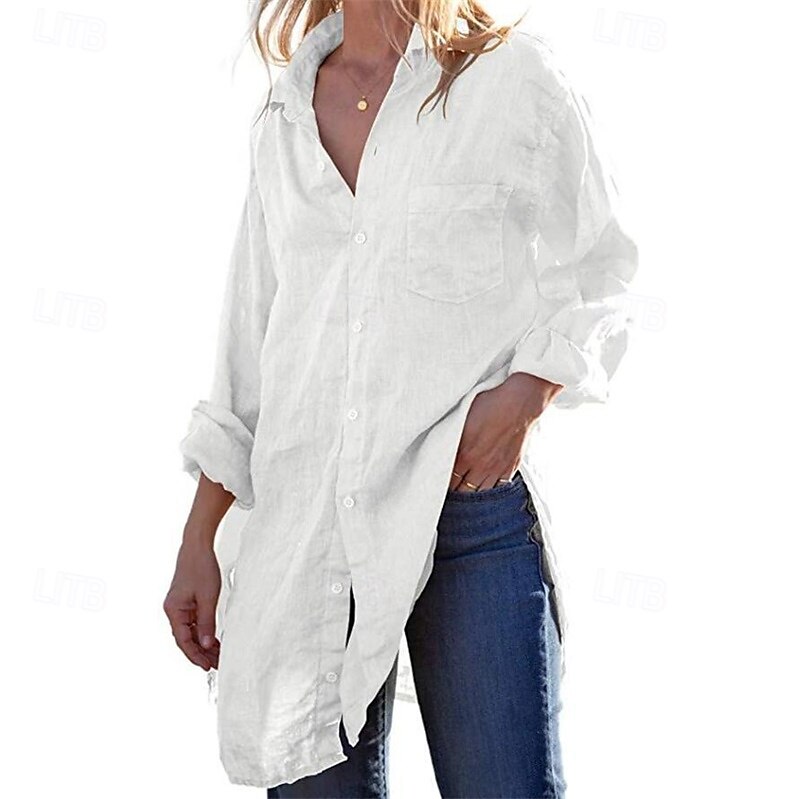 Women's Shirt Linen-Inspired Shirts Button Up Casual Long Sleeve Shirt Collar White Spring &  Fall 2025 - $29.99 –P2