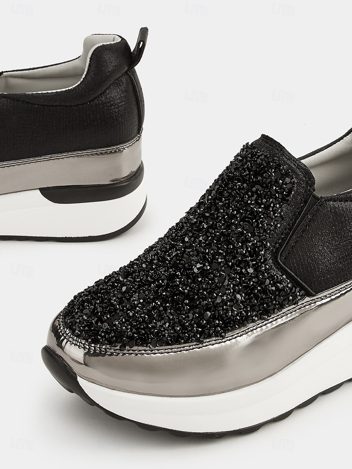 svarte slip-on joggesko for kvinner med glitterpynt og plattformsåle – stilige fritidssko for hverdagsbruk 2025 - $34.99 –P5