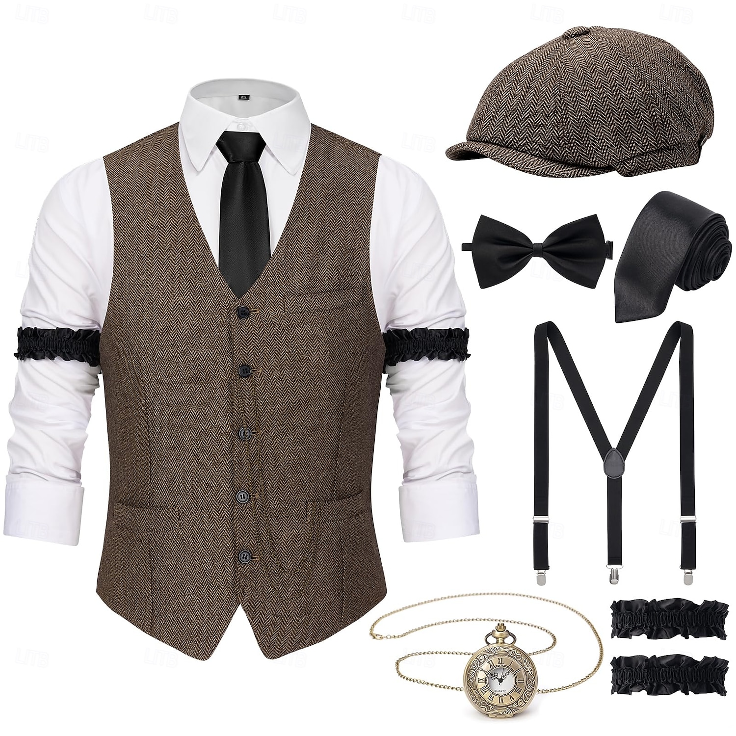 Retro Vintage Roaring 20s 1920s Outfits Waistcoat Accessories Set Gentleman Gangster Fancy Dress Men's Carnival Costume 8 PCS Christmas Halloween Carnival Masquerade Cocktail Party Theme Party Adults' 2025 - $47.99 –P1