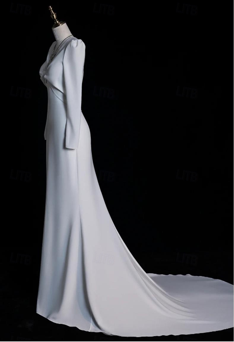 Hochzeitskleider Meerjungfrau  Trompete V-Ausschnitt Langarm Hofzug Taffeta Brautkleider Mit Raffung 2025 - $157.99 –P4
