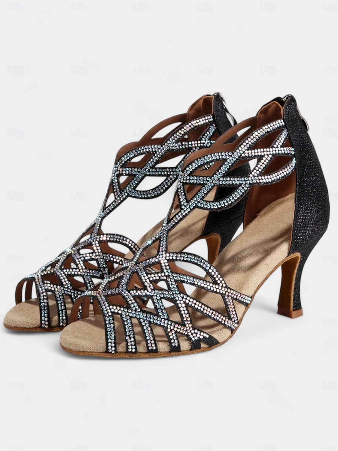 sandales de danse noires à strass pour femmes avec design à lanières et talon moyen – parfaites pour la danse de salon, la salsa et la danse latine de 2025 ? $54.99 –P11
